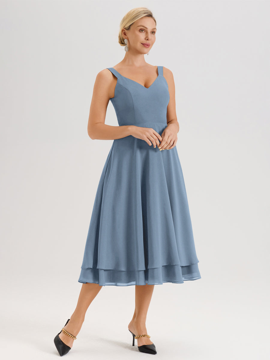 Cicinia Bleu De Schiste Ensemble 2 Pièces Élégant Pour Mère De La Mariée Mi-Longue À Décolleté En V En Mousseline Et Dentelle