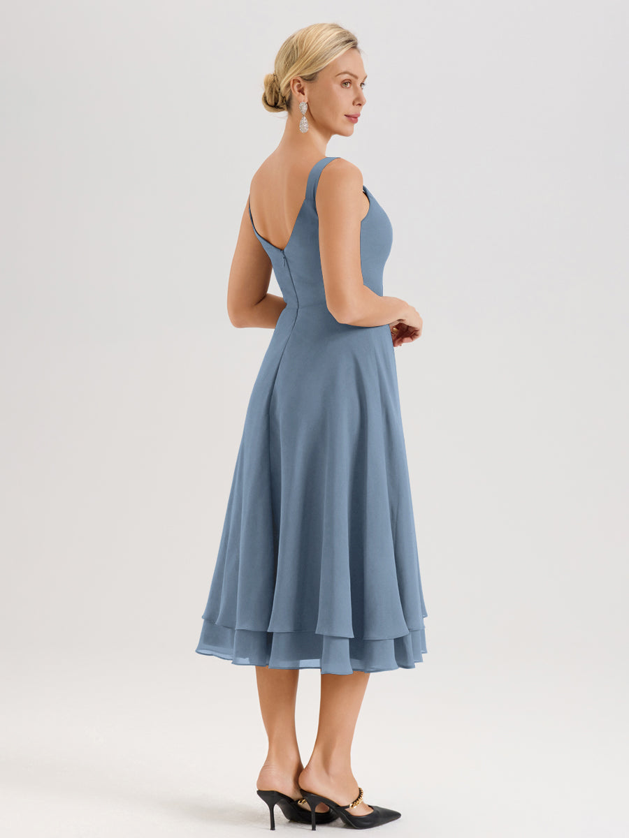 Cicinia Bleu De Schiste Ensemble 2 Pièces Élégant Pour Mère De La Mariée Mi-Longue À Décolleté En V En Mousseline Et Dentelle