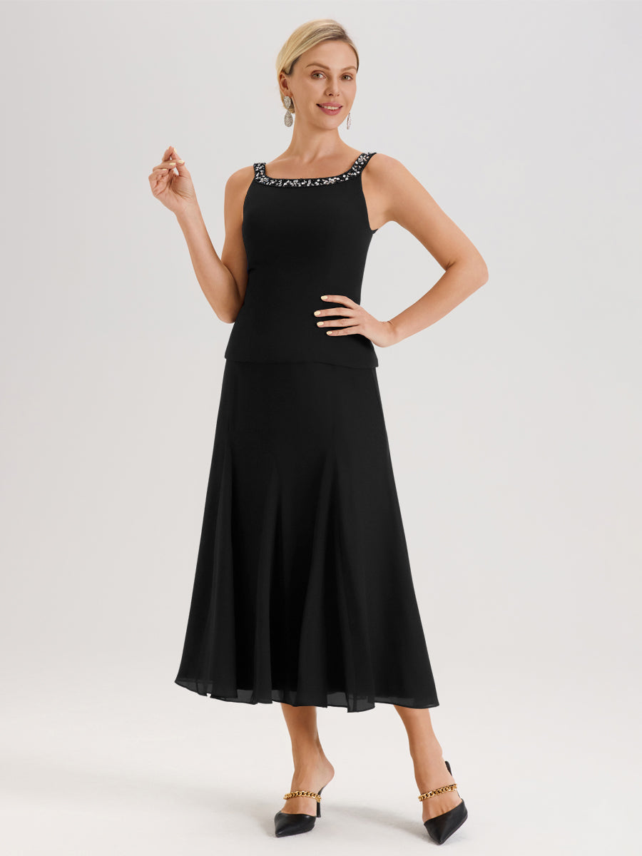 Cicinia Noir Ensemble 3 Pièces Robe Mère De La Mariée Mi-Long À Col Carré Et Manches Trois-Quarts En Mousseline