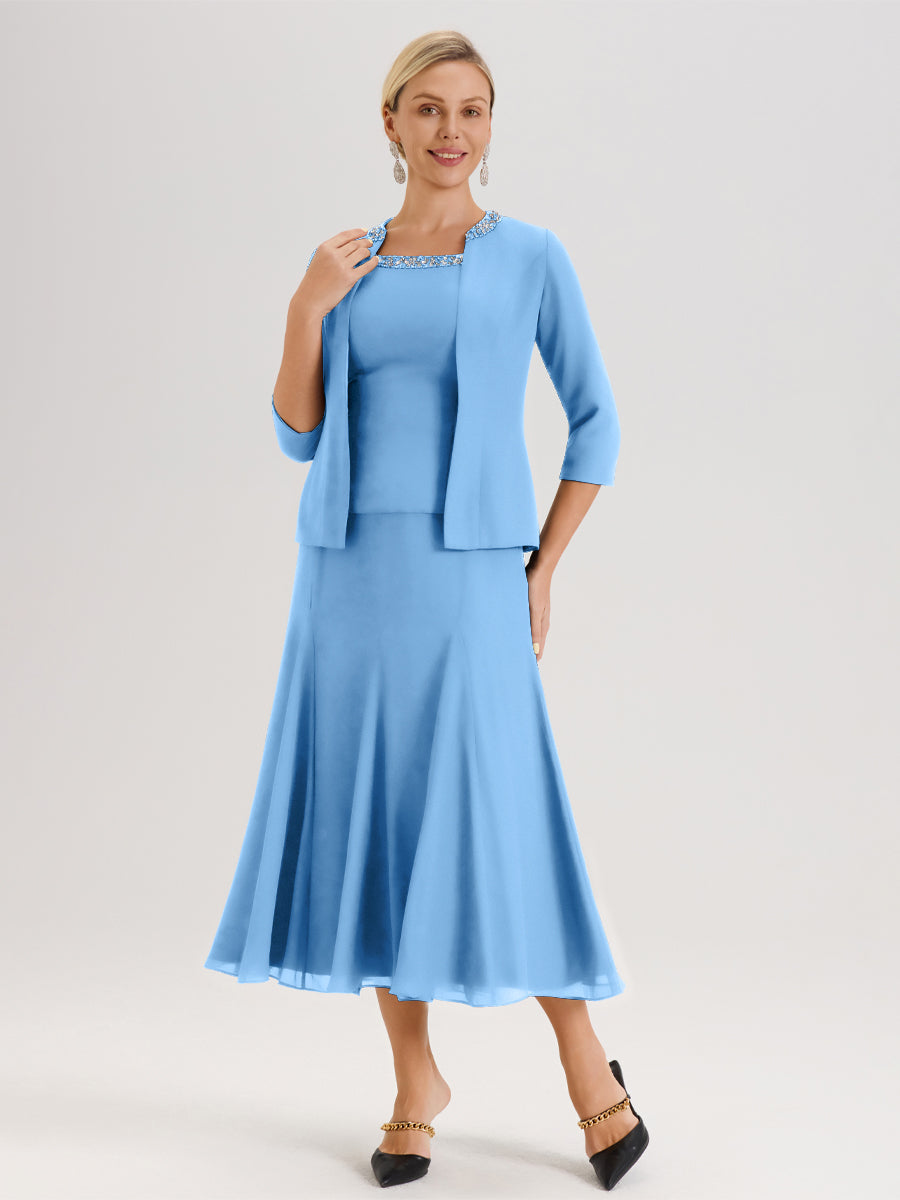 Cicinia Bleu Ensemble 3 Pièces Robe Mère De La Mariée Mi-Long À Col Carré Et Manches Trois-Quarts En Mousseline