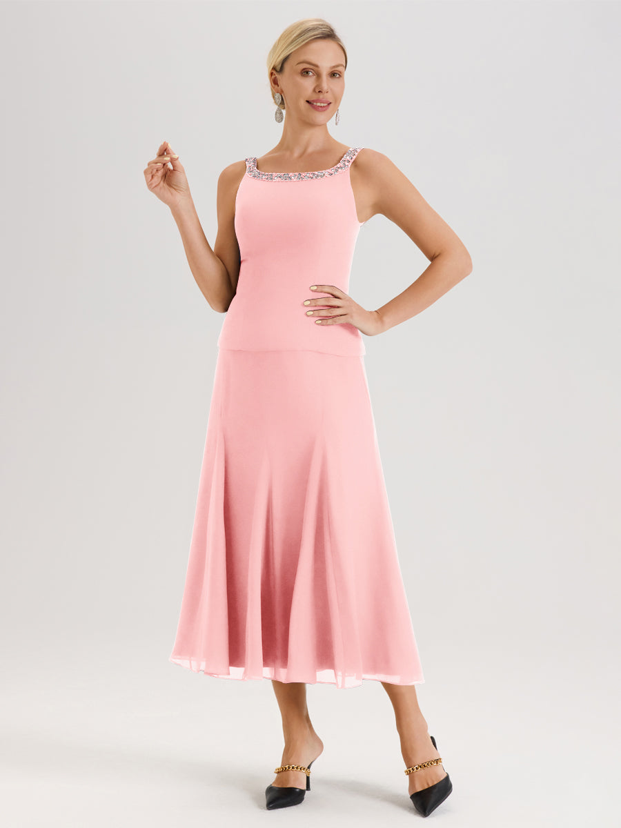 Cicinia Rose Ensemble 3 Pièces Robe Mère De La Mariée Mi-Long À Col Carré Et Manches Trois-Quarts En Mousseline