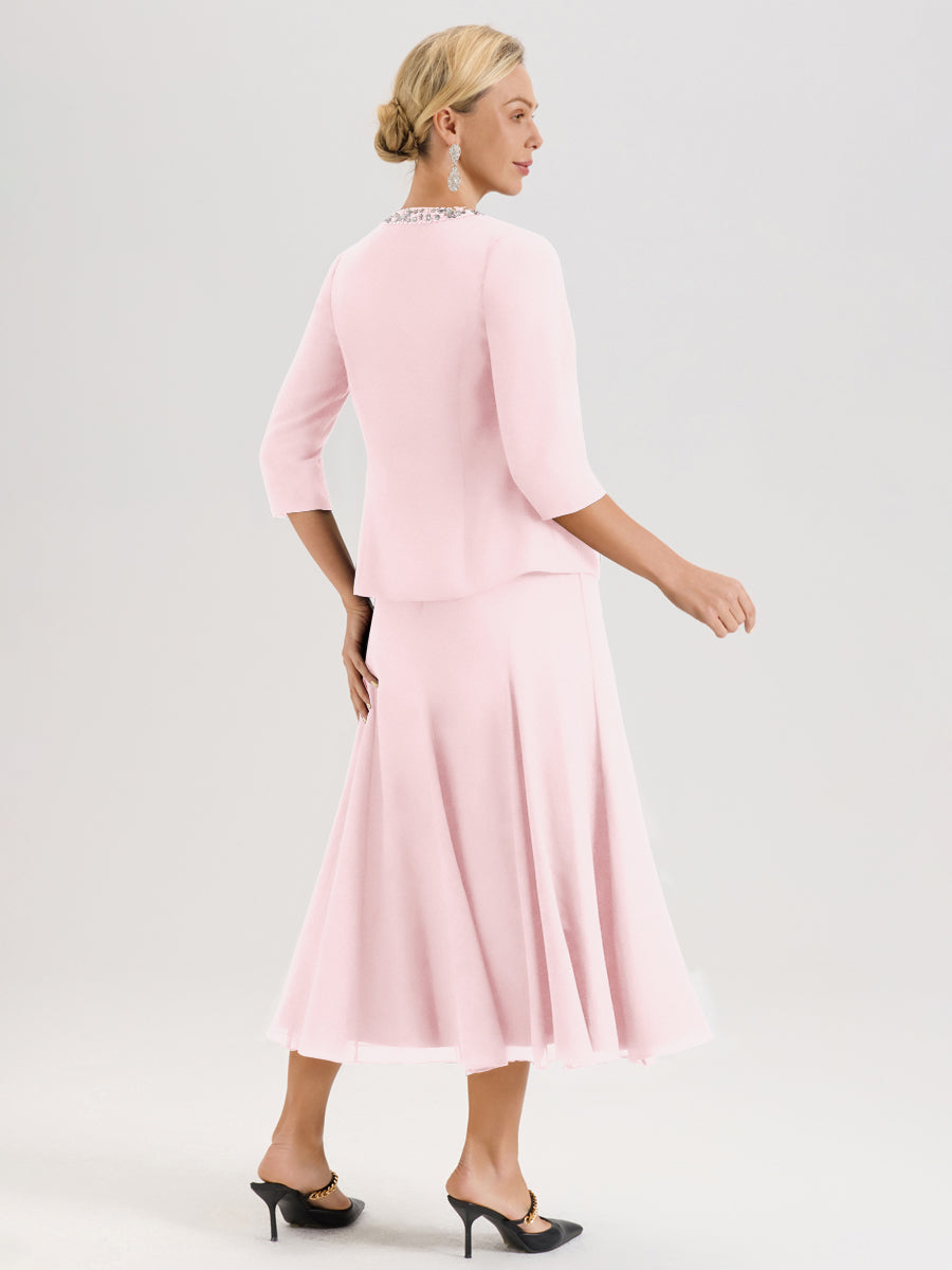 Cicinia Rose Pâle Ensemble 3 Pièces Robe Mère De La Mariée Mi-Long À Col Carré Et Manches Trois-Quarts En Mousseline