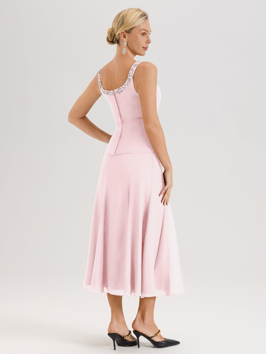 Cicinia Rose Pâle Ensemble 3 Pièces Robe Mère De La Mariée Mi-Long À Col Carré Et Manches Trois-Quarts En Mousseline