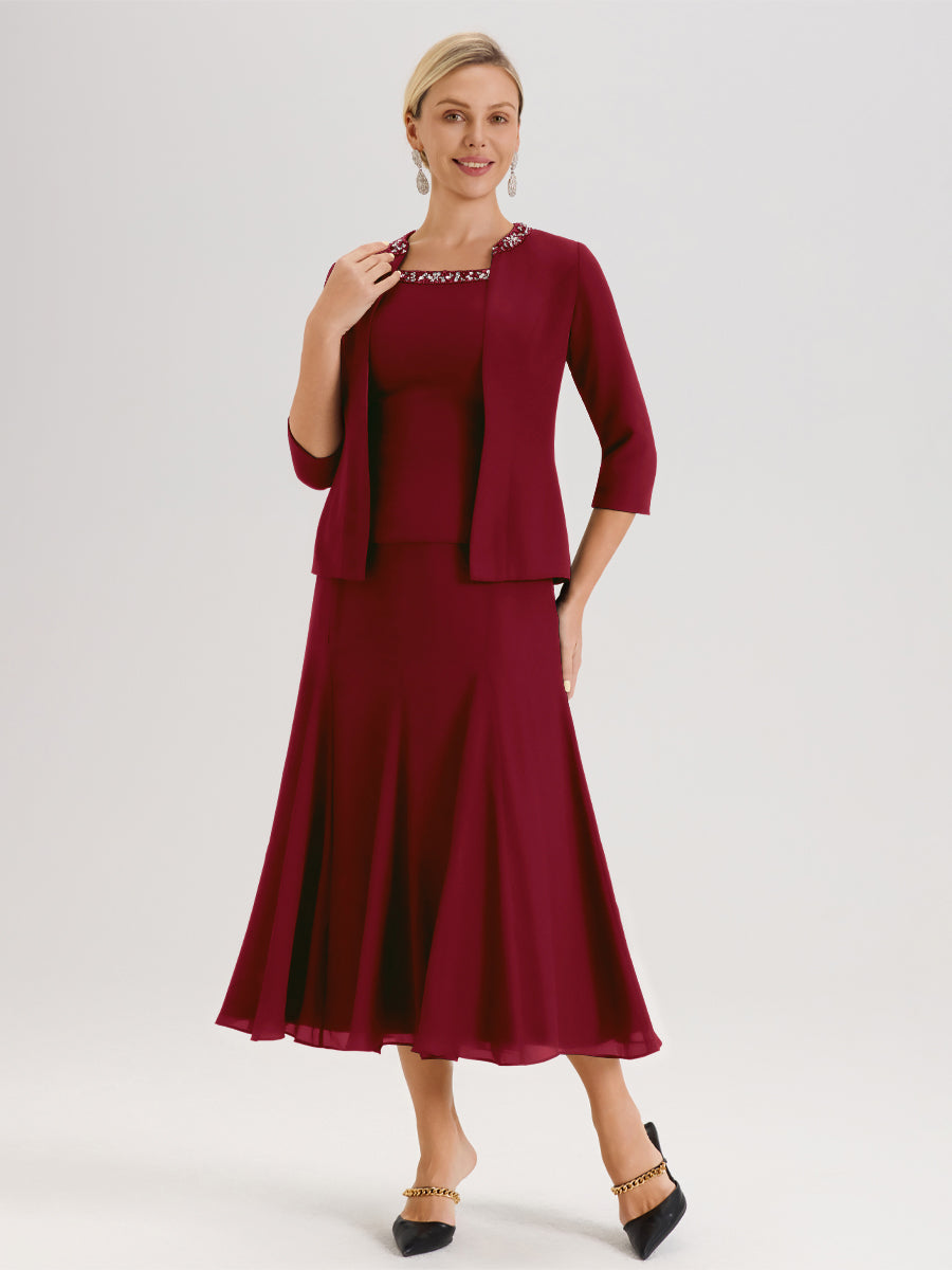 Cicinia Bordeaux Ensemble 3 Pièces Robe Mère De La Mariée Mi-Long À Col Carré Et Manches Trois-Quarts En Mousseline