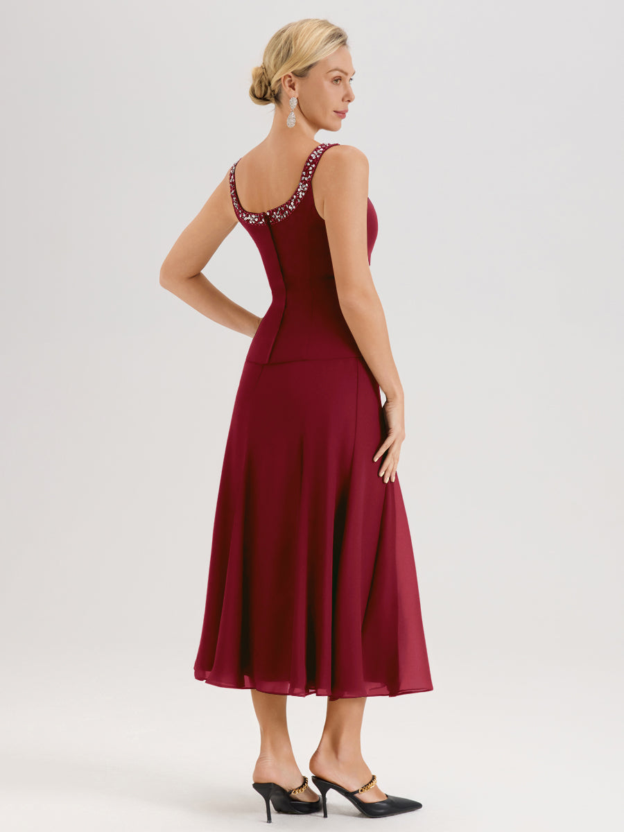 Cicinia Bordeaux Ensemble 3 Pièces Robe Mère De La Mariée Mi-Long À Col Carré Et Manches Trois-Quarts En Mousseline