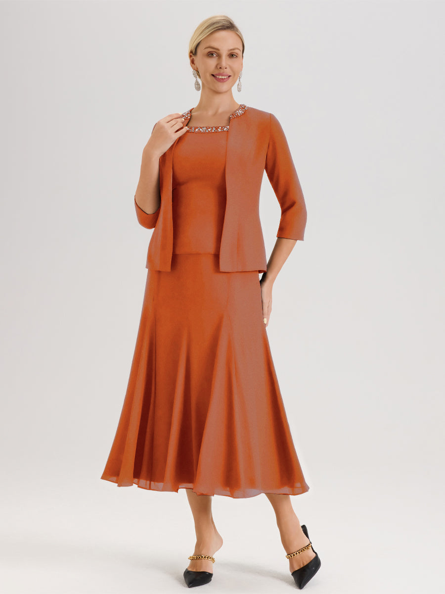 Cicinia Orange Brûlé Ensemble 3 Pièces Robe Mère De La Mariée Mi-Long À Col Carré Et Manches Trois-Quarts En Mousseline