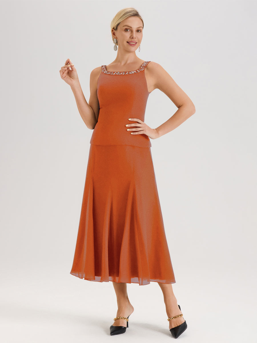 Cicinia Orange Brûlé Ensemble 3 Pièces Robe Mère De La Mariée Mi-Long À Col Carré Et Manches Trois-Quarts En Mousseline