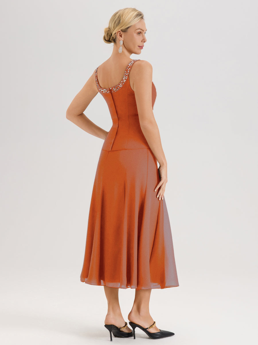 Cicinia Orange Brûlé Ensemble 3 Pièces Robe Mère De La Mariée Mi-Long À Col Carré Et Manches Trois-Quarts En Mousseline