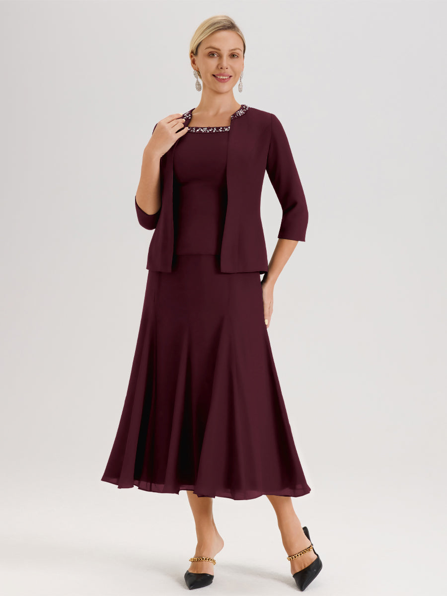 Cicinia Cabernet Ensemble 3 Pièces Robe Mère De La Mariée Mi-Long À Col Carré Et Manches Trois-Quarts En Mousseline