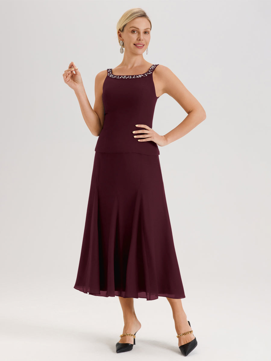 Cicinia Cabernet Ensemble 3 Pièces Robe Mère De La Mariée Mi-Long À Col Carré Et Manches Trois-Quarts En Mousseline
