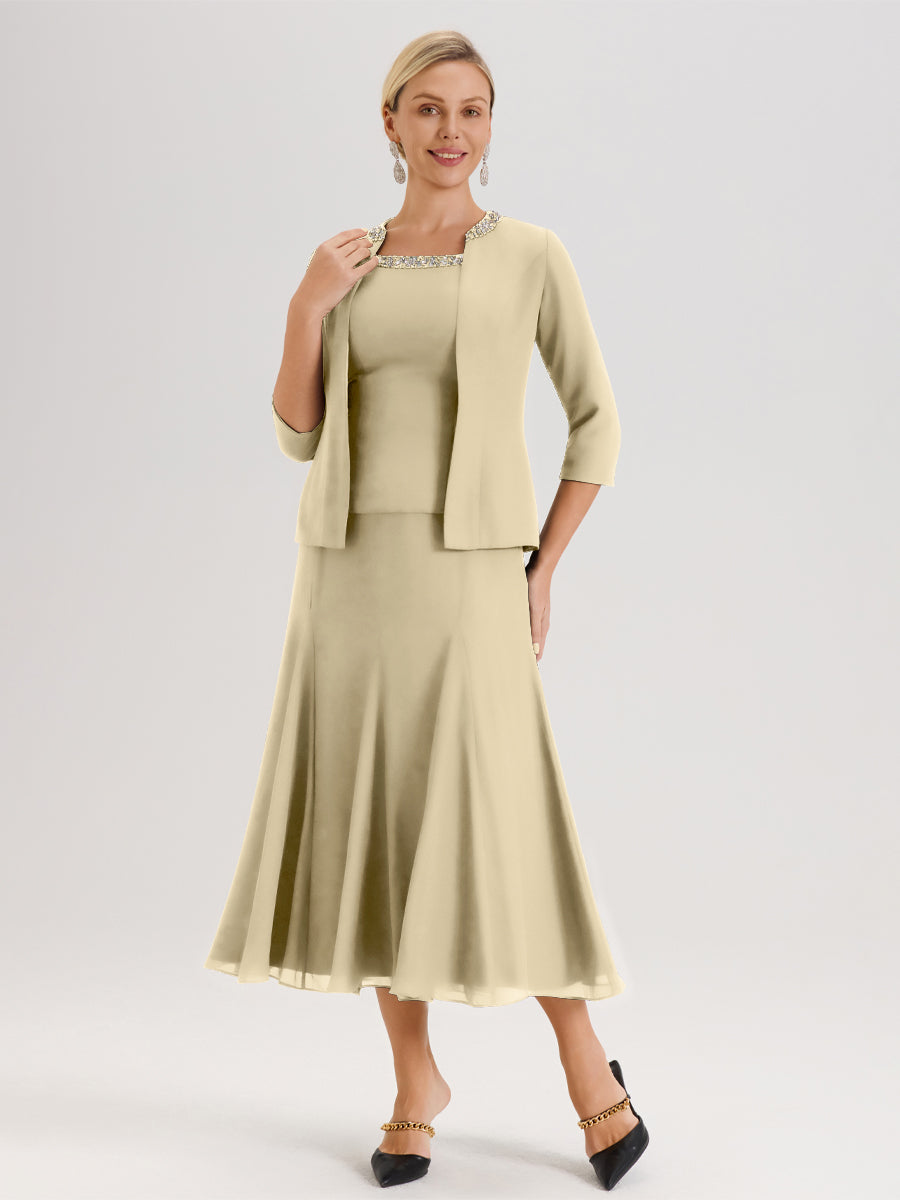 Cicinia Champagne Ensemble 3 Pièces Robe Mère De La Mariée Mi-Long À Col Carré Et Manches Trois-Quarts En Mousseline