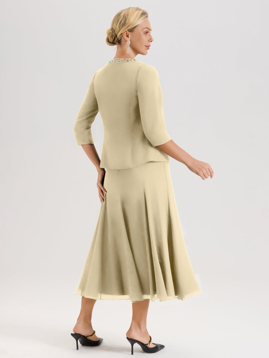 Cicinia Champagne Ensemble 3 Pièces Robe Mère De La Mariée Mi-Long À Col Carré Et Manches Trois-Quarts En Mousseline
