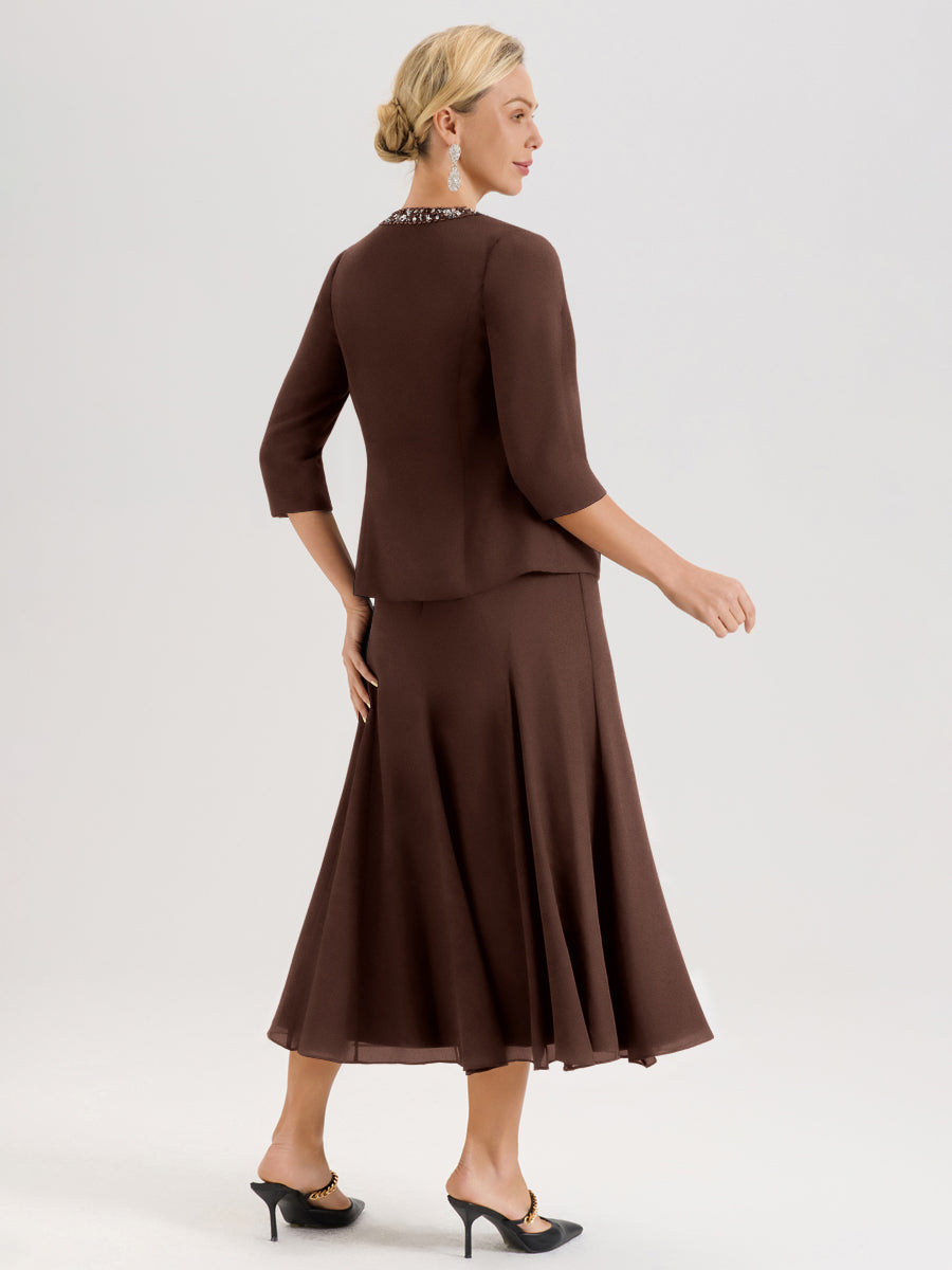 Cicinia Chocolat Ensemble 3 Pièces Robe Mère De La Mariée Mi-Long À Col Carré Et Manches Trois-Quarts En Mousseline
