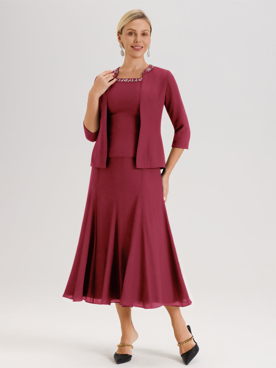 Cicinia Rose Cannelle Ensemble 3 Pièces Robe Mère De La Mariée Mi-Long À Col Carré Et Manches Trois-Quarts En Mousseline