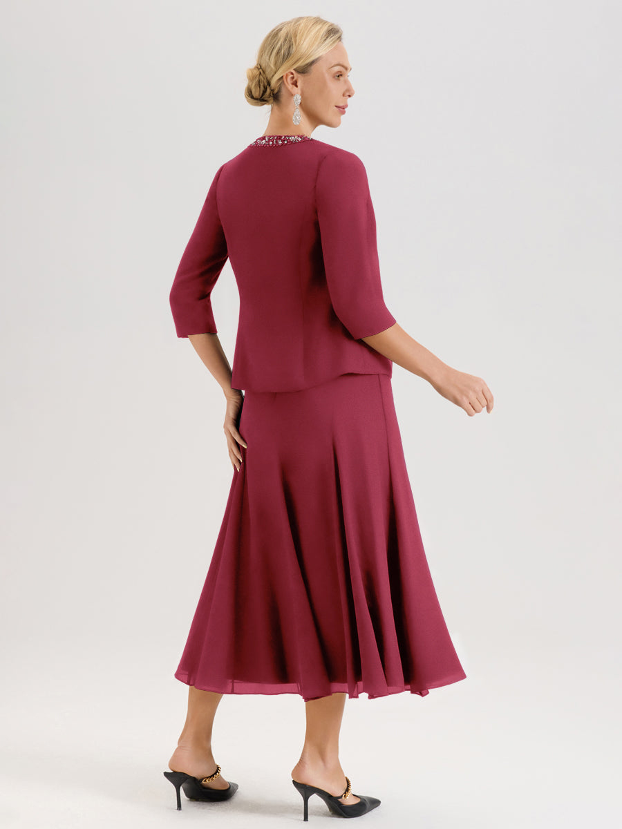 Cicinia Rose Cannelle Ensemble 3 Pièces Robe Mère De La Mariée Mi-Long À Col Carré Et Manches Trois-Quarts En Mousseline