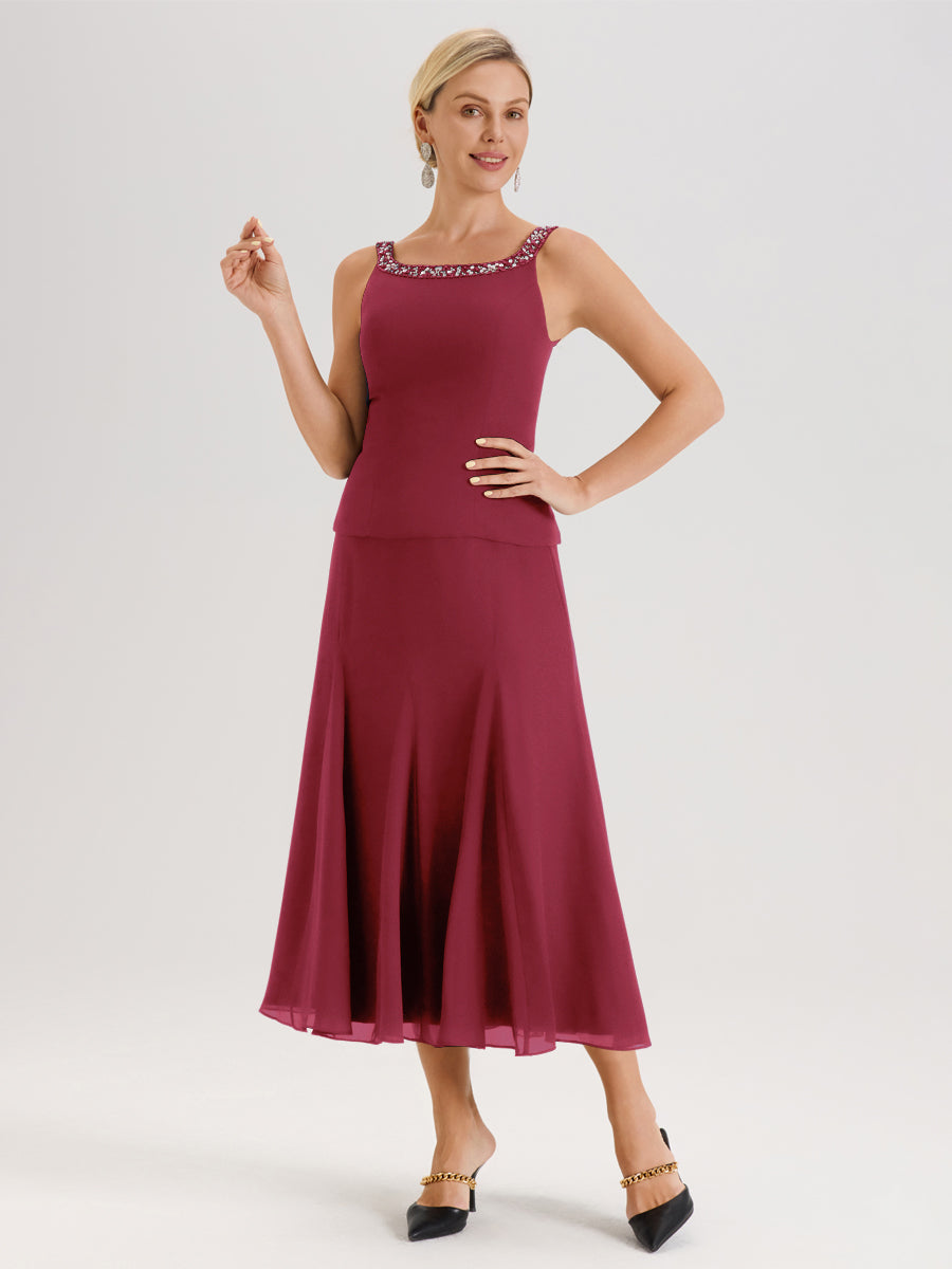 Cicinia Rose Cannelle Ensemble 3 Pièces Robe Mère De La Mariée Mi-Long À Col Carré Et Manches Trois-Quarts En Mousseline
