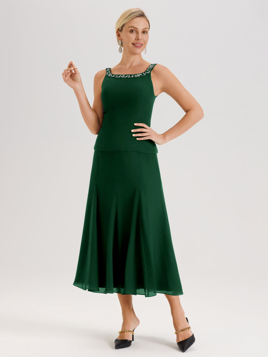 Cicinia Vert Foncé Ensemble 3 Pièces Robe Mère De La Mariée Mi-Long À Col Carré Et Manches Trois-Quarts En Mousseline