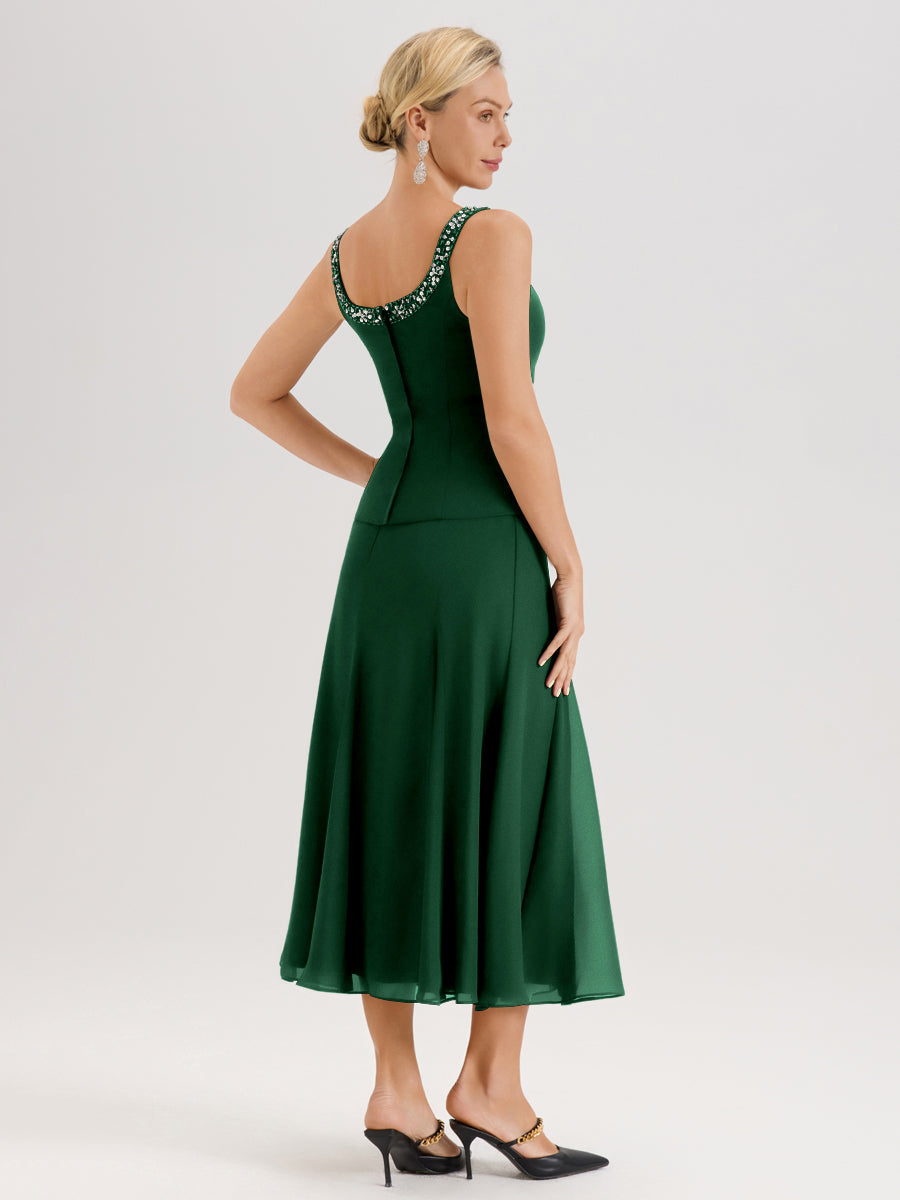 Cicinia Vert Foncé Ensemble 3 Pièces Robe Mère De La Mariée Mi-Long À Col Carré Et Manches Trois-Quarts En Mousseline