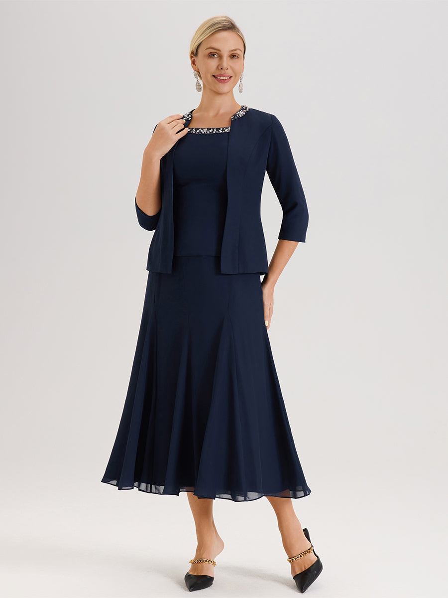 Cicinia Bleu Marine Ensemble 3 Pièces Robe Mère De La Mariée Mi-Long À Col Carré Et Manches Trois-Quarts En Mousseline