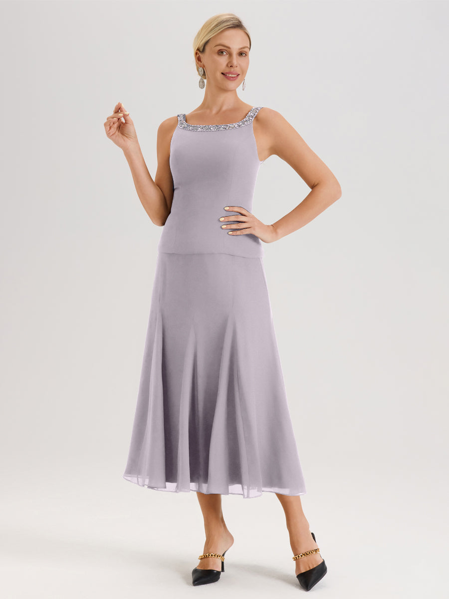 Cicinia Crépuscule Ensemble 3 Pièces Robe Mère De La Mariée Mi-Long À Col Carré Et Manches Trois-Quarts En Mousseline