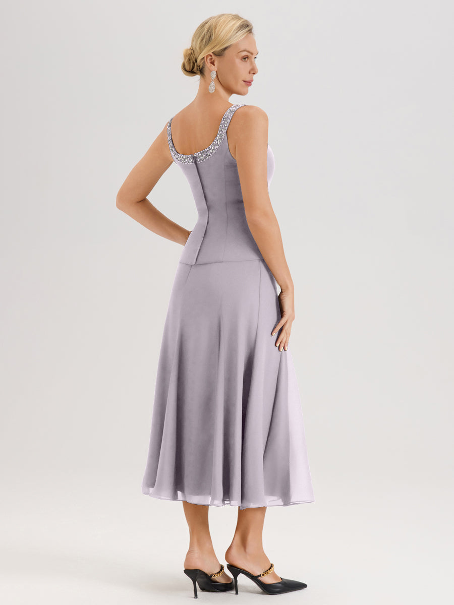 Cicinia Crépuscule Ensemble 3 Pièces Robe Mère De La Mariée Mi-Long À Col Carré Et Manches Trois-Quarts En Mousseline