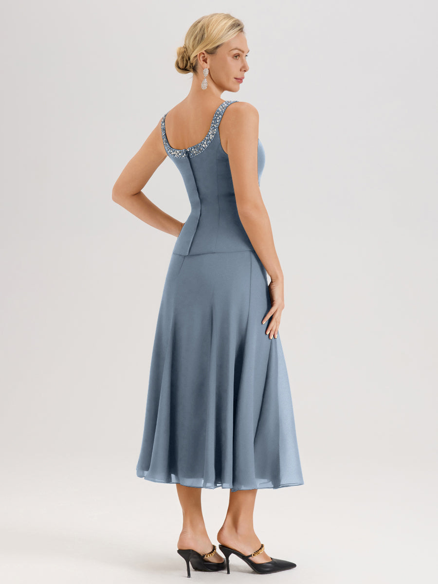 Cicinia Bleu Poudré Ensemble 3 Pièces Robe Mère De La Mariée Mi-Long À Col Carré Et Manches Trois-Quarts En Mousseline