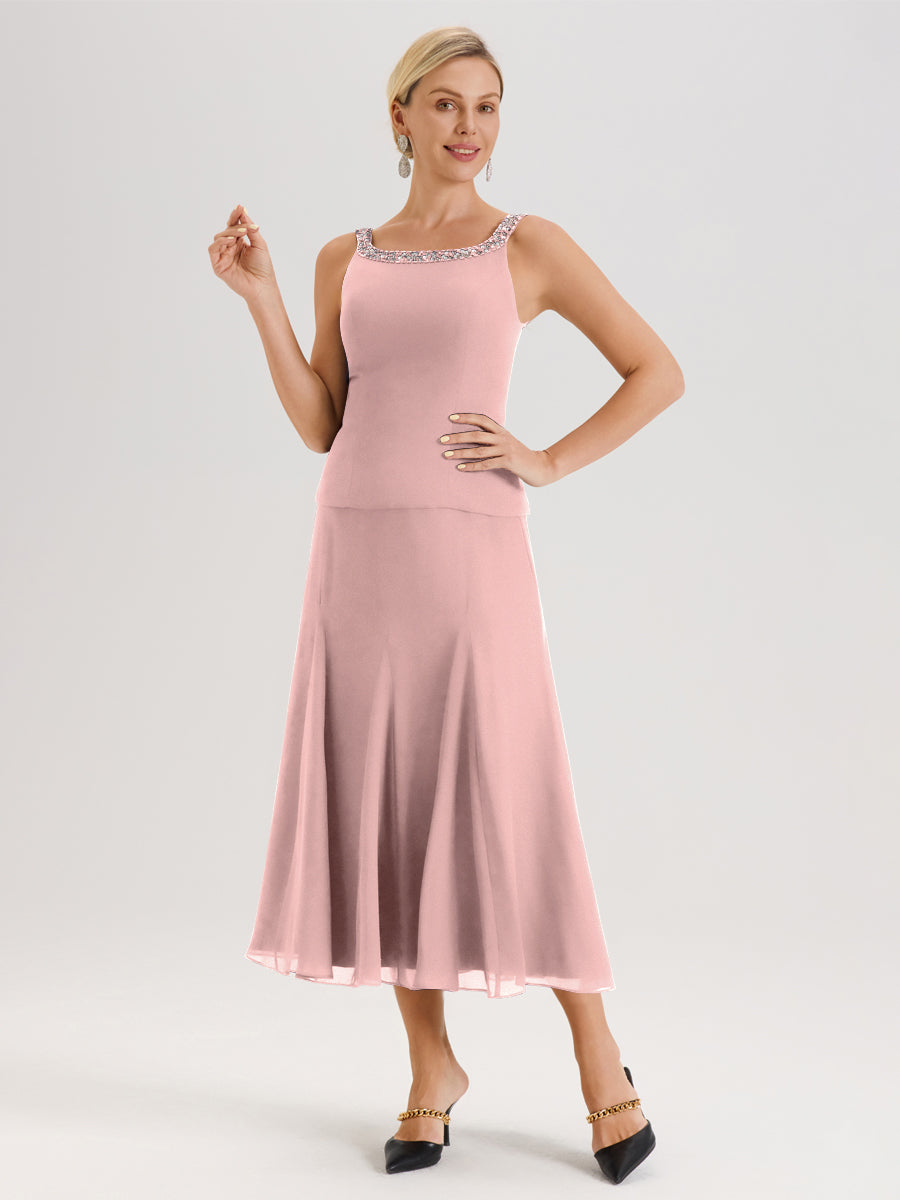 Cicinia Rose Poudré Ensemble 3 Pièces Robe Mère De La Mariée Mi-Long À Col Carré Et Manches Trois-Quarts En Mousseline