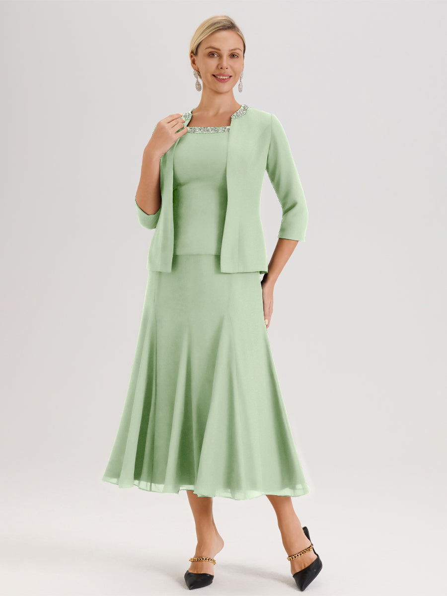 Cicinia Sauge Poudrée Ensemble 3 Pièces Robe Mère De La Mariée Mi-Long À Col Carré Et Manches Trois-Quarts En Mousseline
