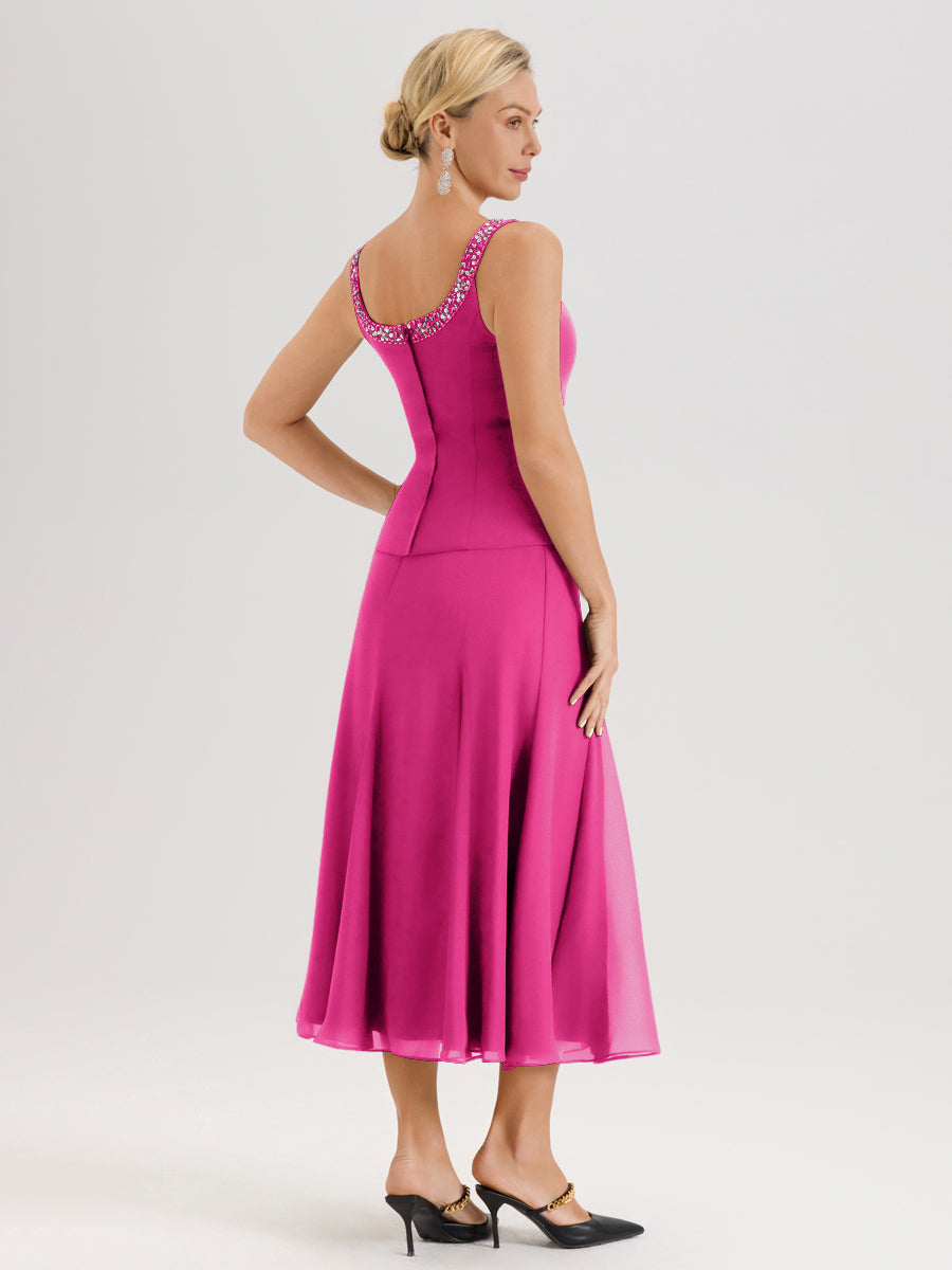 Cicinia Fuchsia Ensemble 3 Pièces Robe Mère De La Mariée Mi-Long À Col Carré Et Manches Trois-Quarts En Mousseline