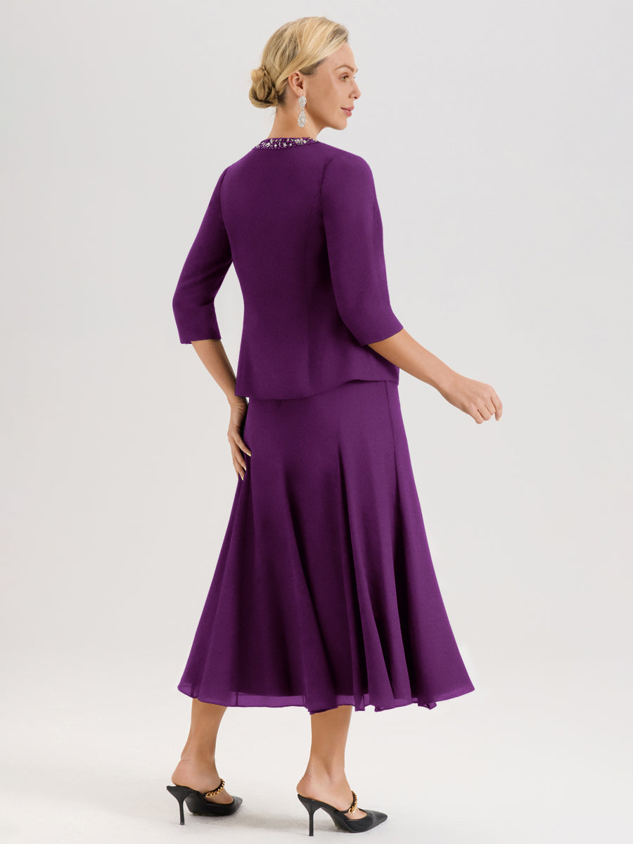 Cicinia Raisin Ensemble 3 Pièces Robe Mère De La Mariée Mi-Long À Col Carré Et Manches Trois-Quarts En Mousseline