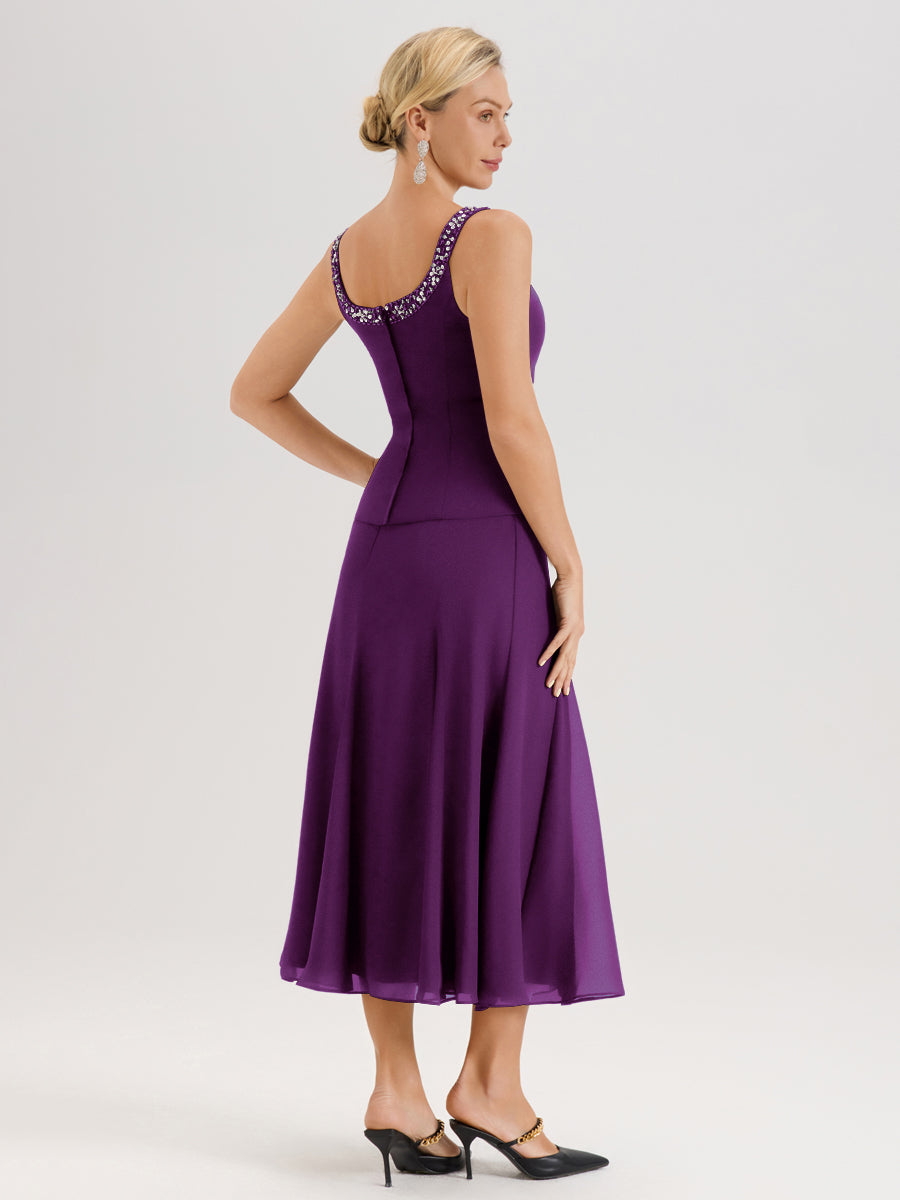 Cicinia Raisin Ensemble 3 Pièces Robe Mère De La Mariée Mi-Long À Col Carré Et Manches Trois-Quarts En Mousseline