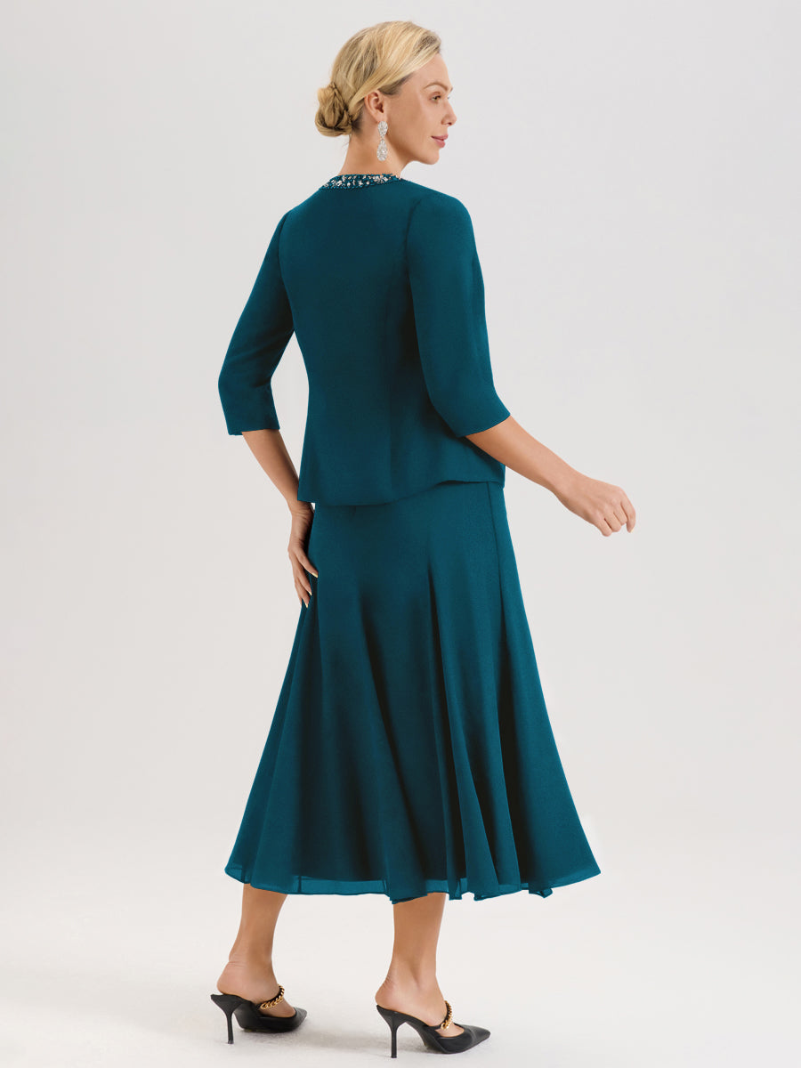 Cicinia Bleu Encre Ensemble 3 Pièces Robe Mère De La Mariée Mi-Long À Col Carré Et Manches Trois-Quarts En Mousseline