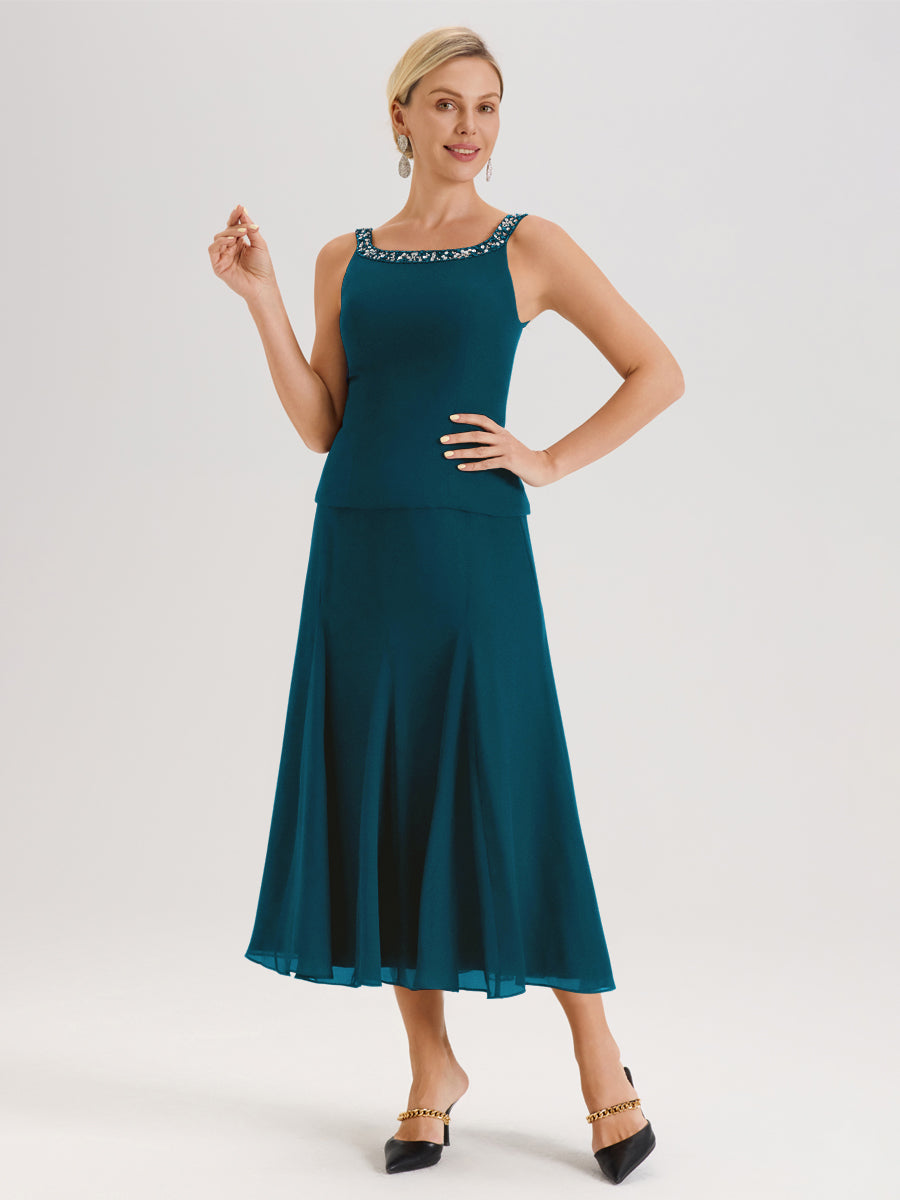 Cicinia Bleu Encre Ensemble 3 Pièces Robe Mère De La Mariée Mi-Long À Col Carré Et Manches Trois-Quarts En Mousseline
