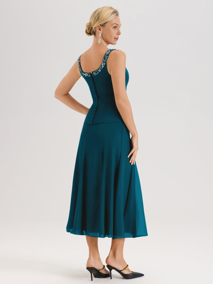 Cicinia Bleu Encre Ensemble 3 Pièces Robe Mère De La Mariée Mi-Long À Col Carré Et Manches Trois-Quarts En Mousseline