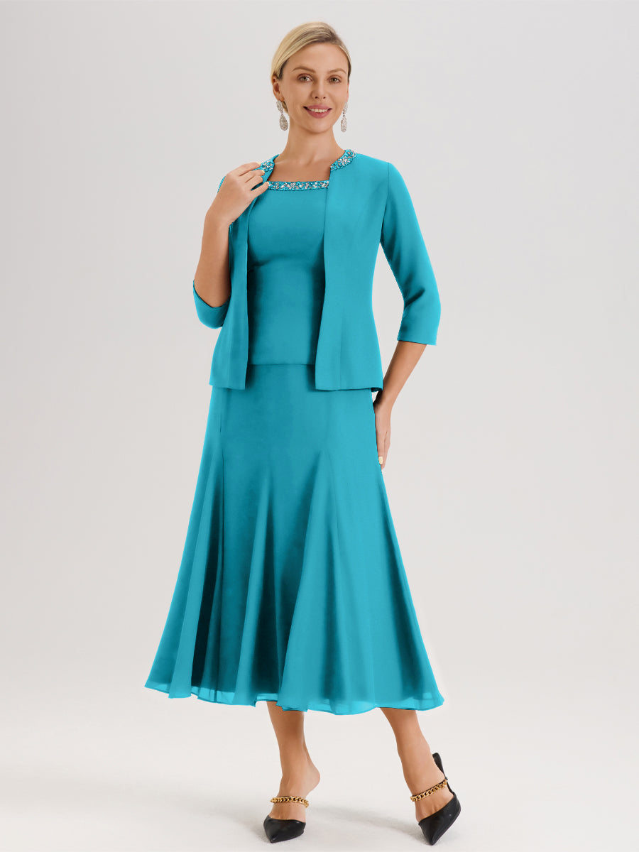 Cicinia Jade Ensemble 3 Pièces Robe Mère De La Mariée Mi-Long À Col Carré Et Manches Trois-Quarts En Mousseline