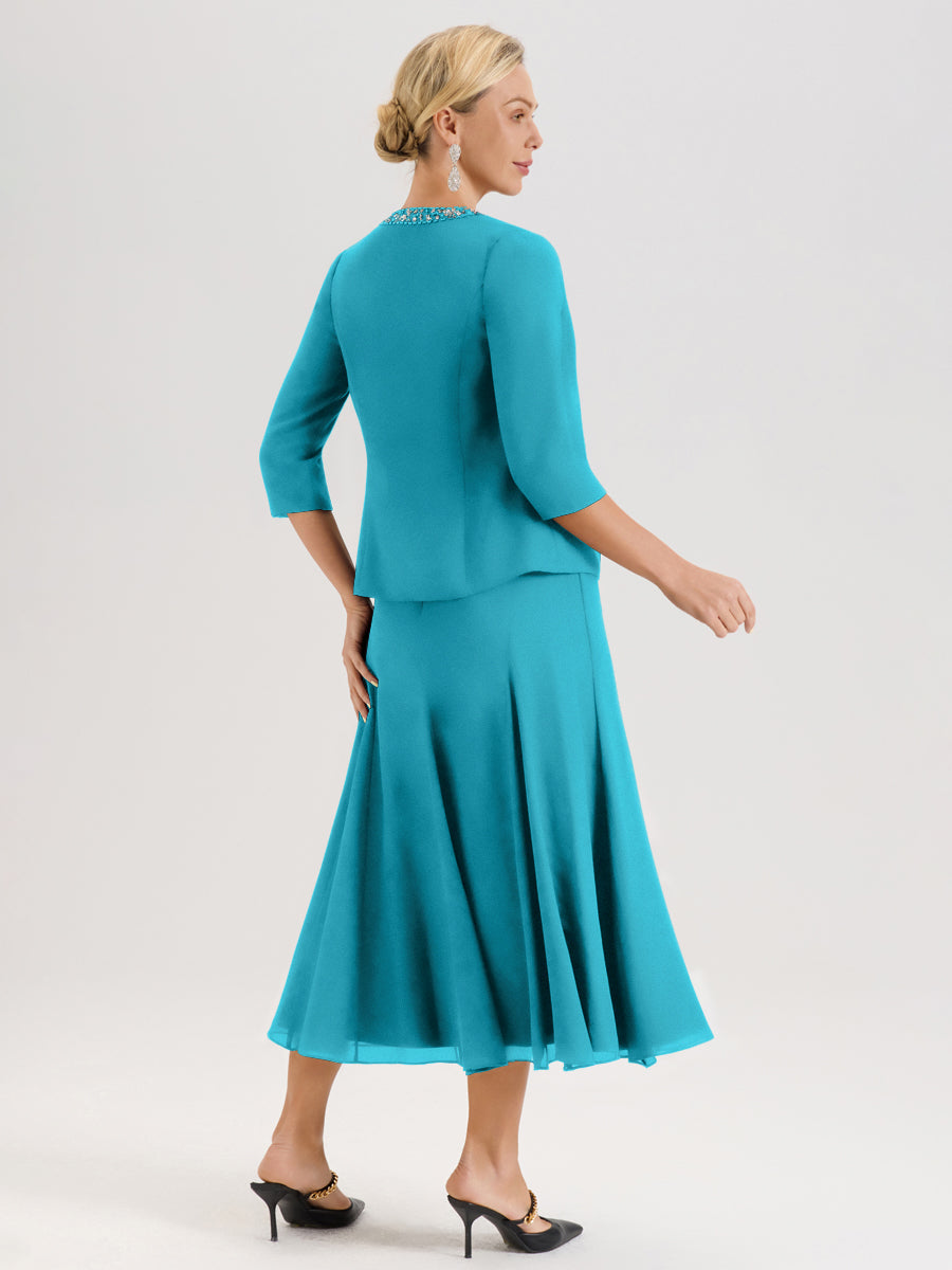 Cicinia Jade Ensemble 3 Pièces Robe Mère De La Mariée Mi-Long À Col Carré Et Manches Trois-Quarts En Mousseline