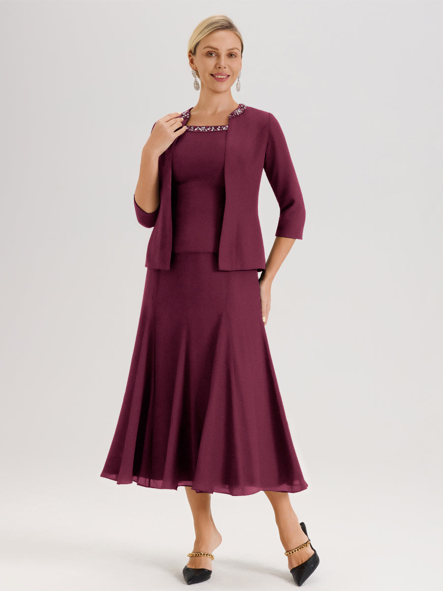Cicinia Mûre Ensemble 3 Pièces Robe Mère De La Mariée Mi-Long À Col Carré Et Manches Trois-Quarts En Mousseline