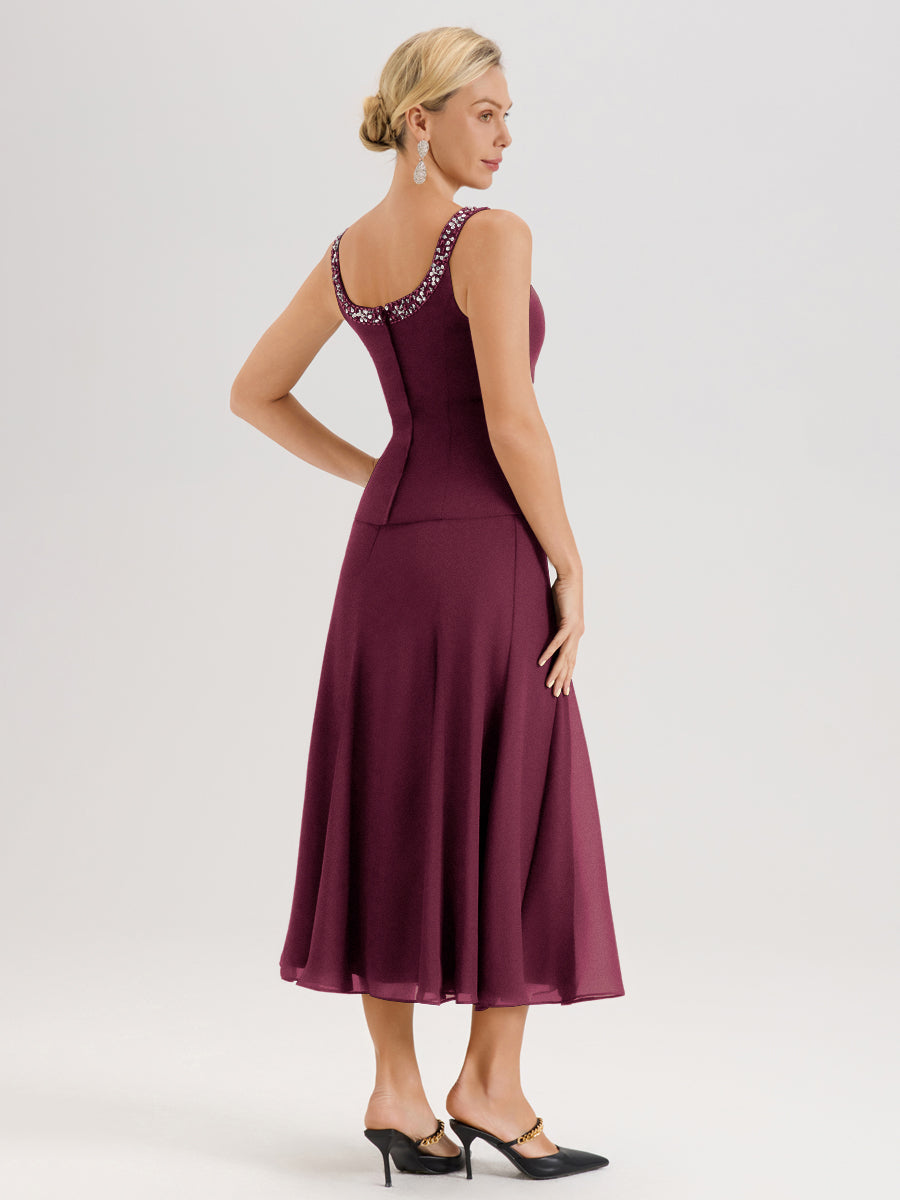 Cicinia Mûre Ensemble 3 Pièces Robe Mère De La Mariée Mi-Long À Col Carré Et Manches Trois-Quarts En Mousseline