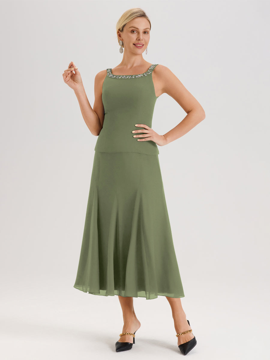 Cicinia Vert Olive Ensemble 3 Pièces Robe Mère De La Mariée Mi-Long À Col Carré Et Manches Trois-Quarts En Mousseline
