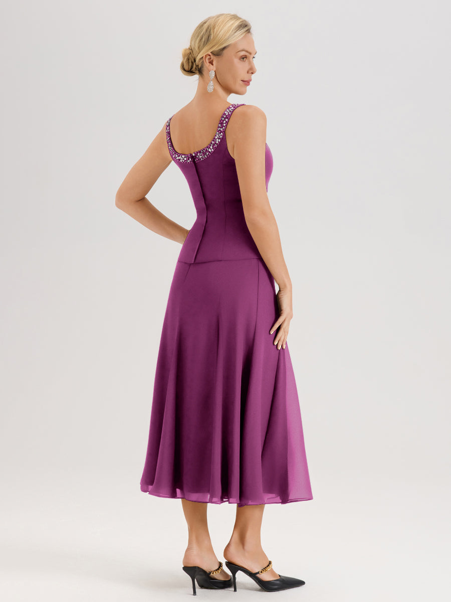 Cicinia Orchidée Ensemble 3 Pièces Robe Mère De La Mariée Mi-Long À Col Carré Et Manches Trois-Quarts En Mousseline