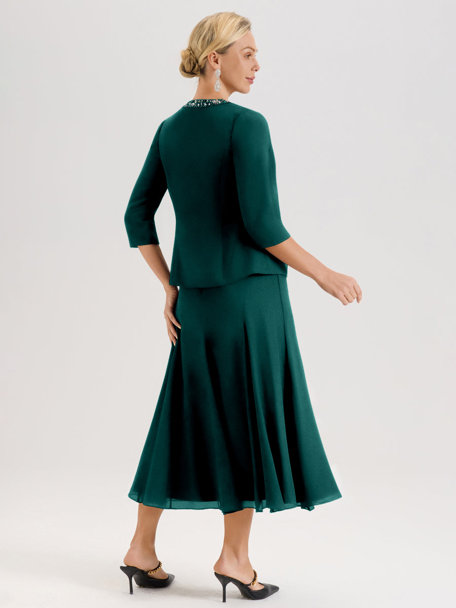 Cicinia Paon Ensemble 3 Pièces Robe Mère De La Mariée Mi-Long À Col Carré Et Manches Trois-Quarts En Mousseline