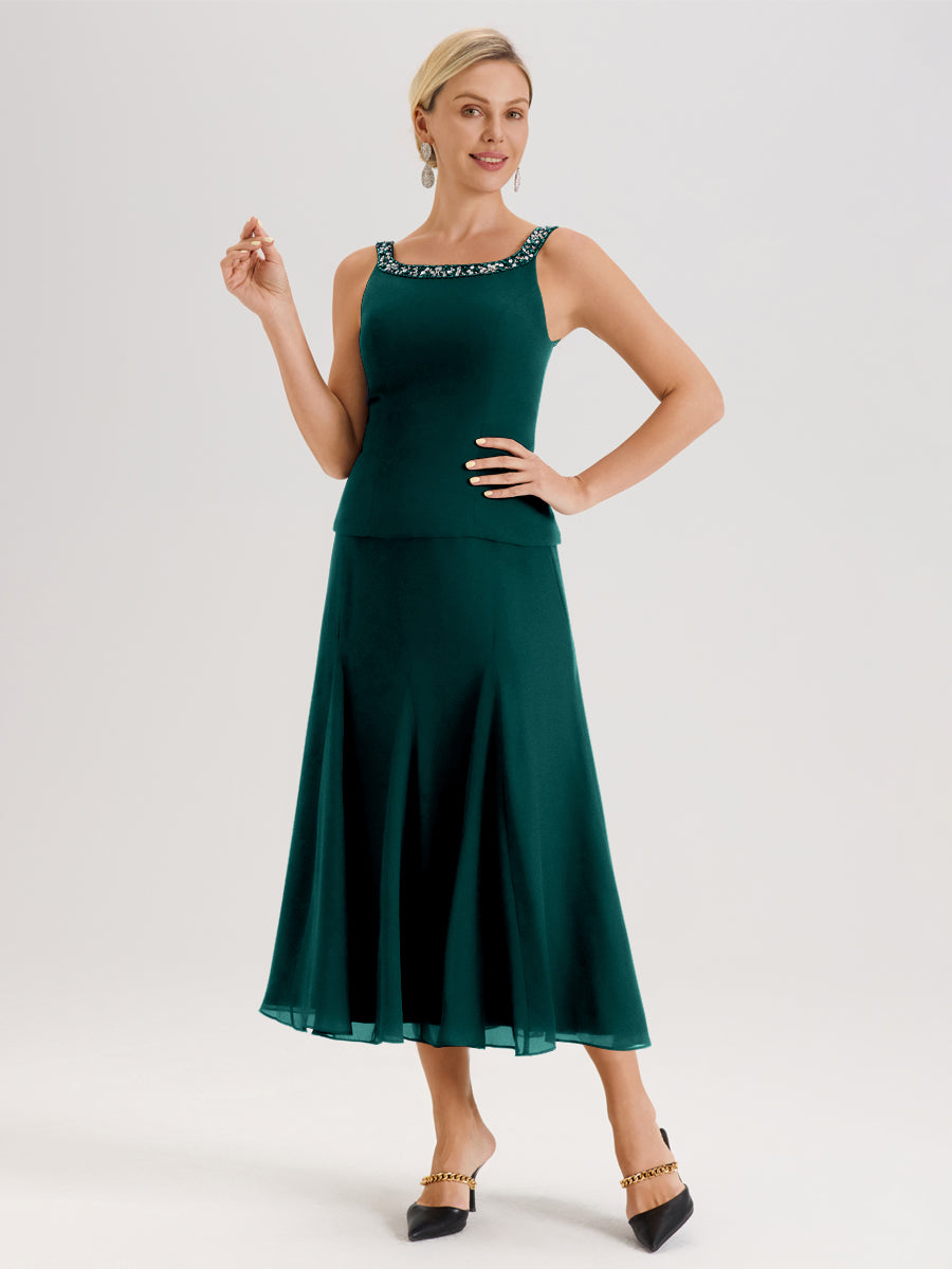 Cicinia Paon Ensemble 3 Pièces Robe Mère De La Mariée Mi-Long À Col Carré Et Manches Trois-Quarts En Mousseline