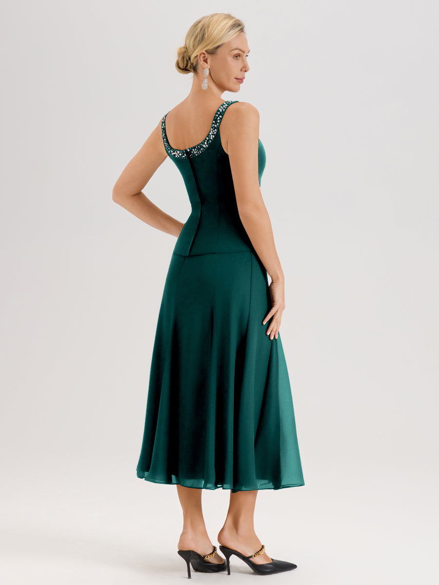 Cicinia Paon Ensemble 3 Pièces Robe Mère De La Mariée Mi-Long À Col Carré Et Manches Trois-Quarts En Mousseline