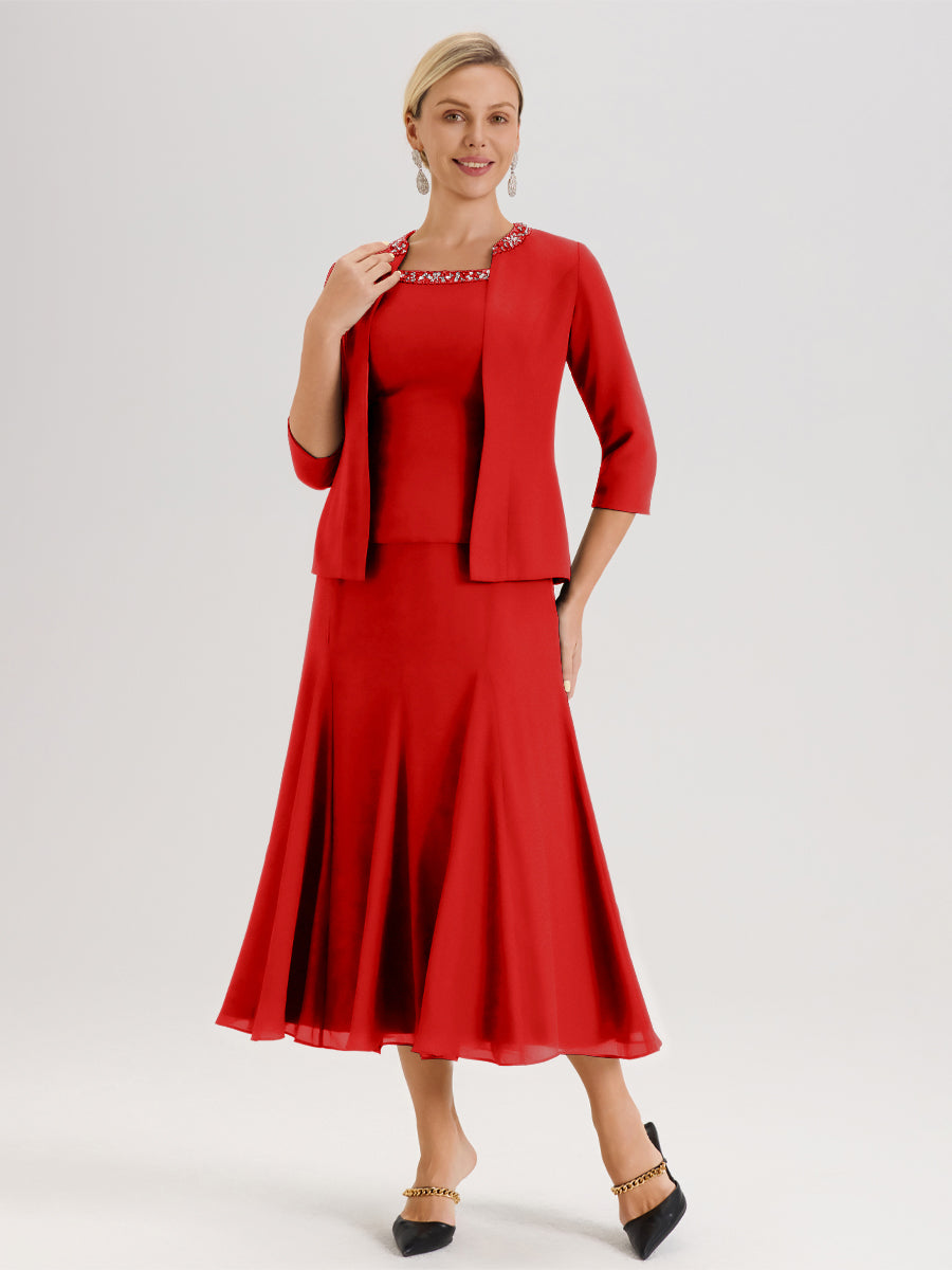 Cicinia Rouge Ensemble 3 Pièces Robe Mère De La Mariée Mi-Long À Col Carré Et Manches Trois-Quarts En Mousseline