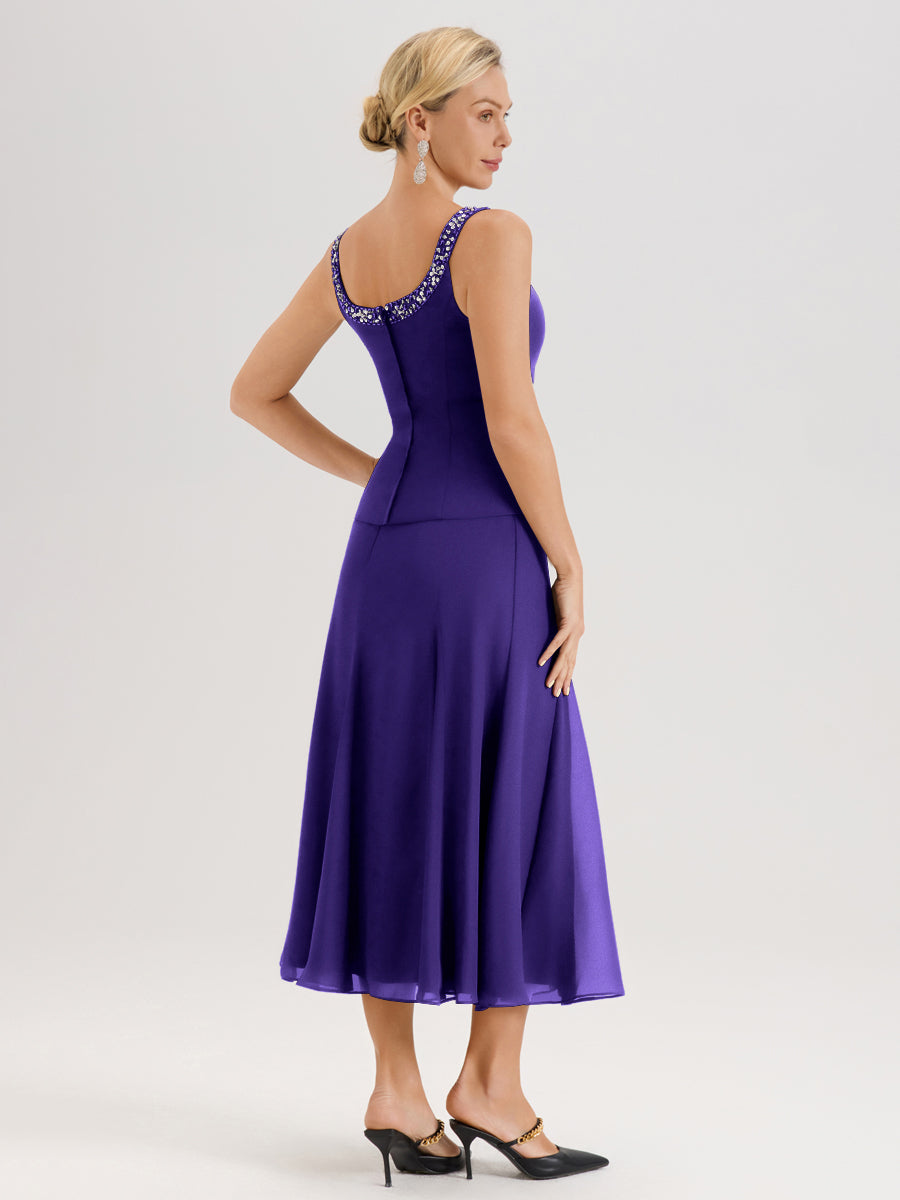 Cicinia Régence Ensemble 3 Pièces Robe Mère De La Mariée Mi-Long À Col Carré Et Manches Trois-Quarts En Mousseline