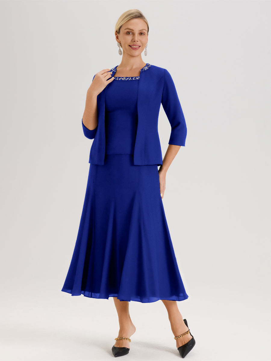 Cicinia Bleu Royale Ensemble 3 Pièces Robe Mère De La Mariée Mi-Long À Col Carré Et Manches Trois-Quarts En Mousseline