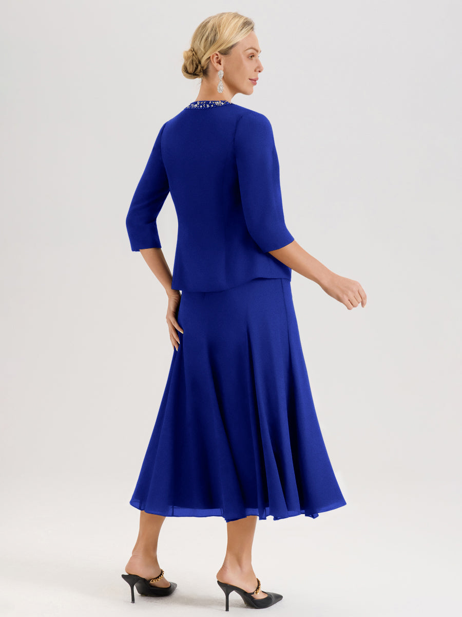Cicinia Bleu Royale Ensemble 3 Pièces Robe Mère De La Mariée Mi-Long À Col Carré Et Manches Trois-Quarts En Mousseline