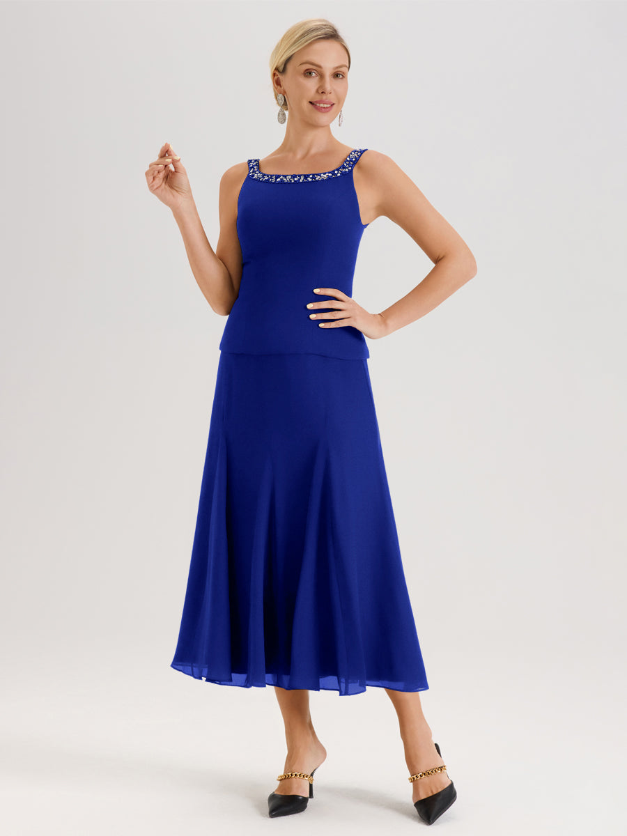 Cicinia Bleu Royale Ensemble 3 Pièces Robe Mère De La Mariée Mi-Long À Col Carré Et Manches Trois-Quarts En Mousseline