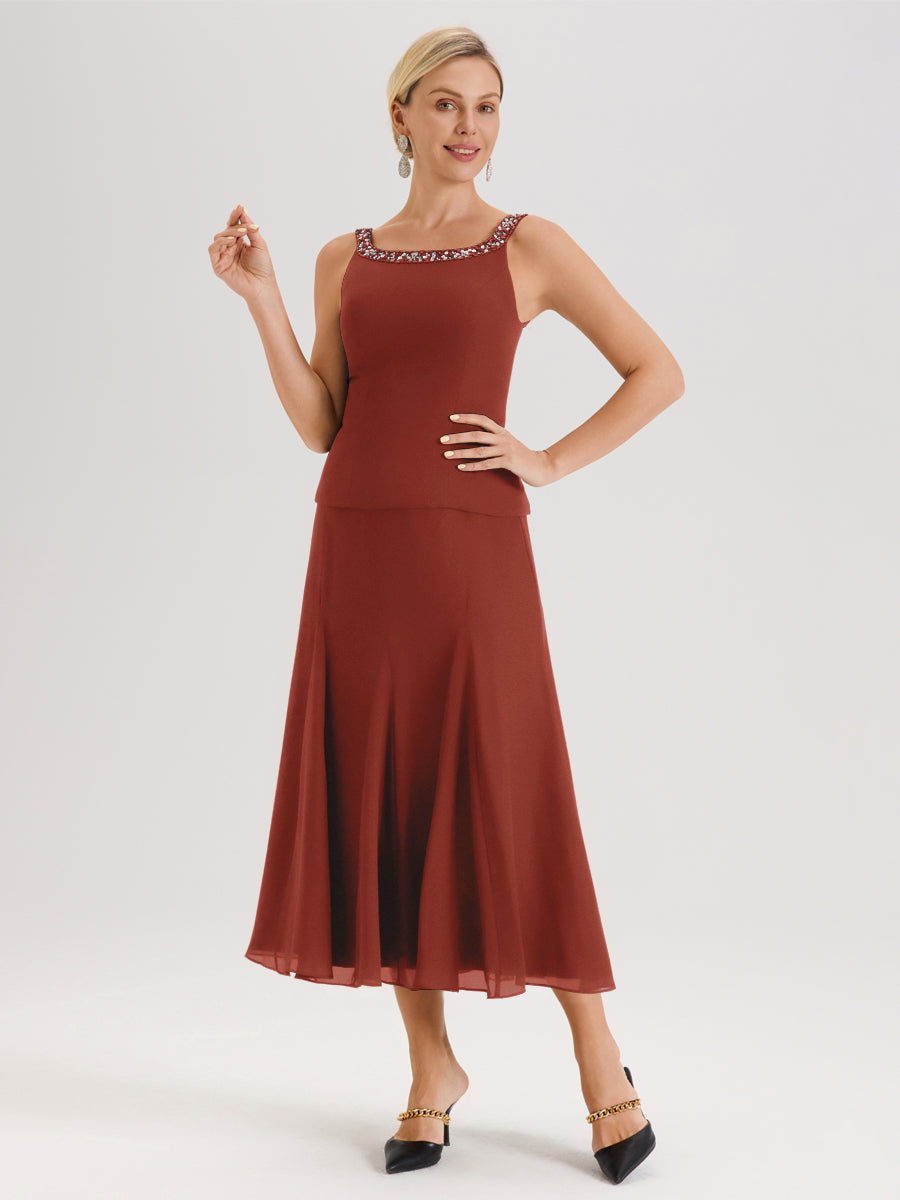 Cicinia Rouille Ensemble 3 Pièces Robe Mère De La Mariée Mi-Long À Col Carré Et Manches Trois-Quarts En Mousseline