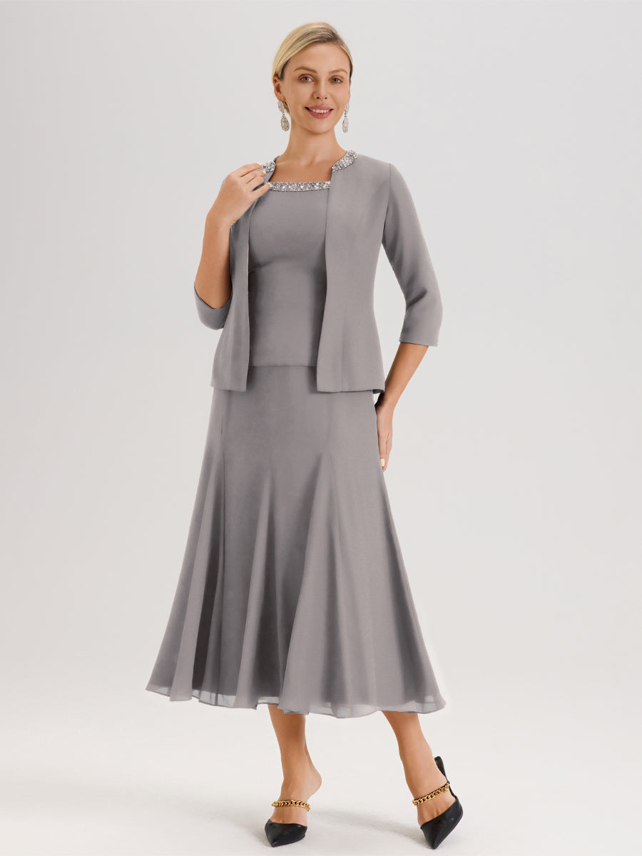 Cicinia Argent Ensemble 3 Pièces Robe Mère De La Mariée Mi-Long À Col Carré Et Manches Trois-Quarts En Mousseline